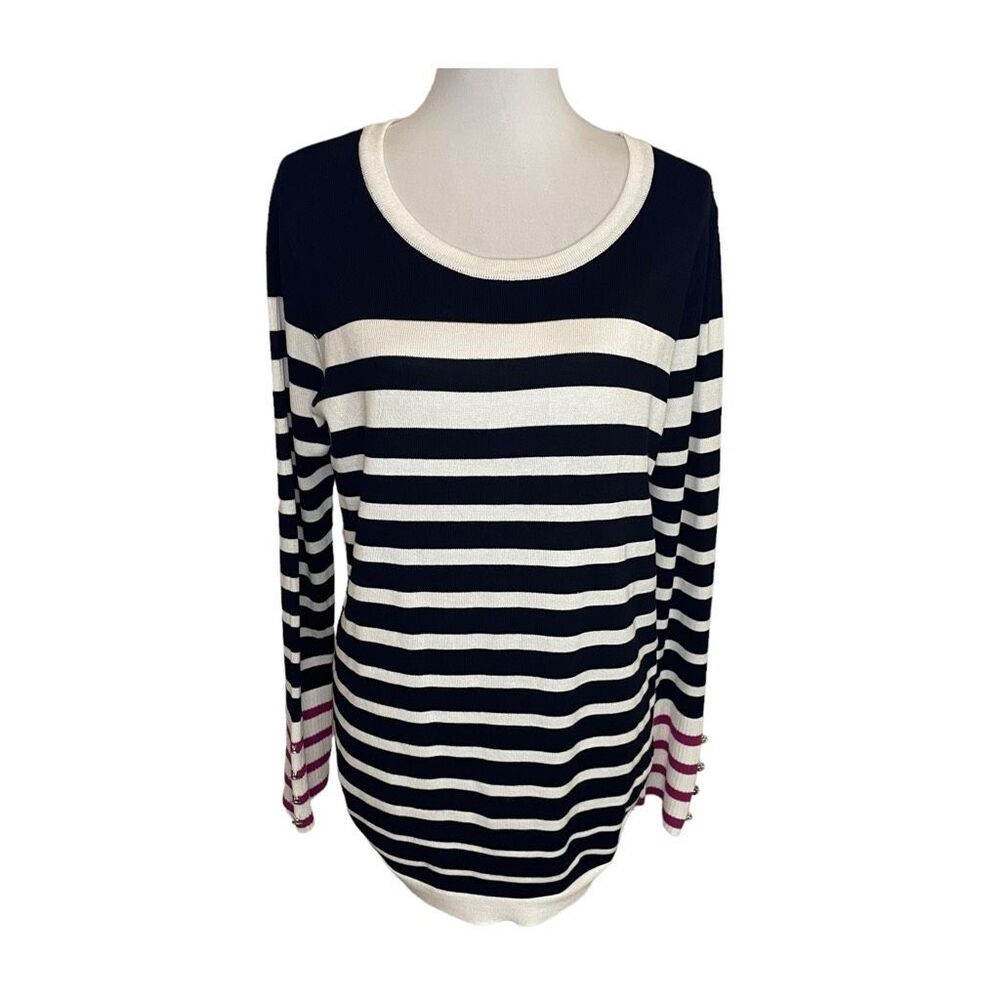 GNW Black and White Lightweight Striped Pullover Sweater with Fuchsia Stripe Sle